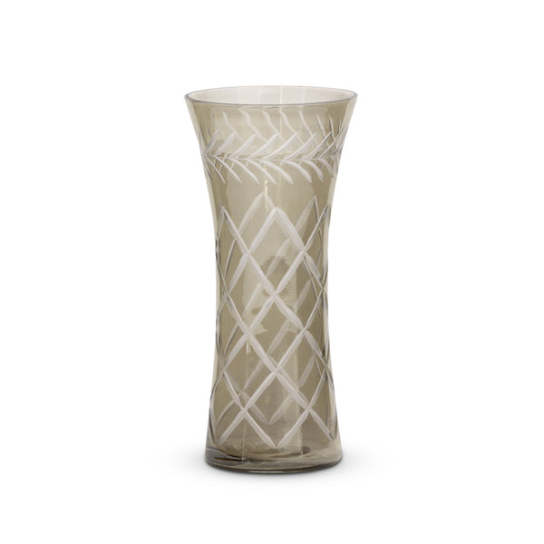 SMOKEY GLASS ETCHED VASE
