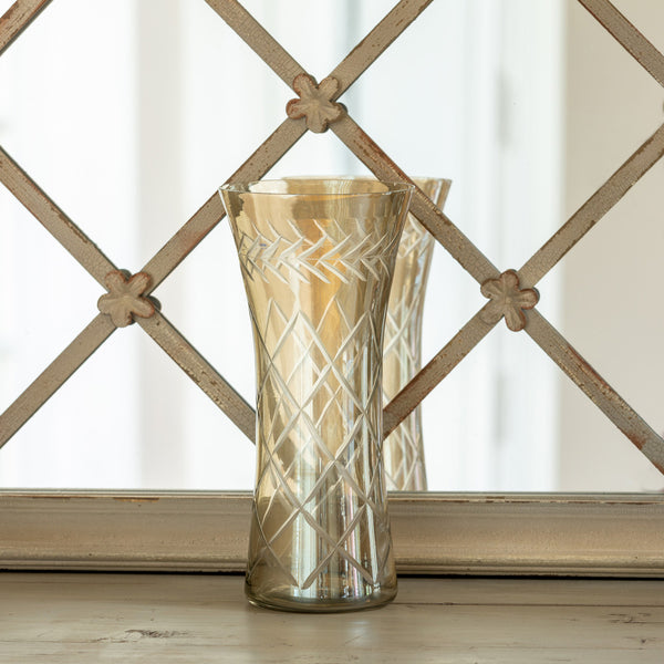 SMOKEY GLASS ETCHED VASE